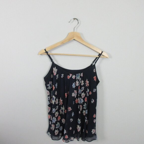 Club Monaco Silk Tank Camisole Womens Blouse S Navy Blue Floral Straps Casual 82 - Picture 1 of 9